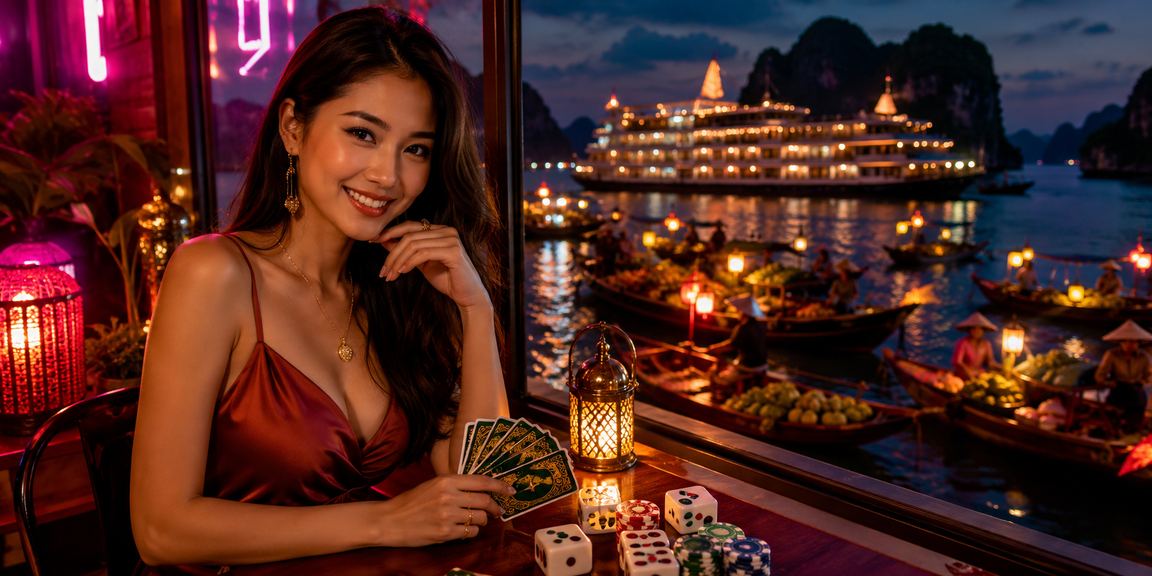 Người chơi bài tại quán cà phê bên vịnh Hạ Long trong buổi chiều tà